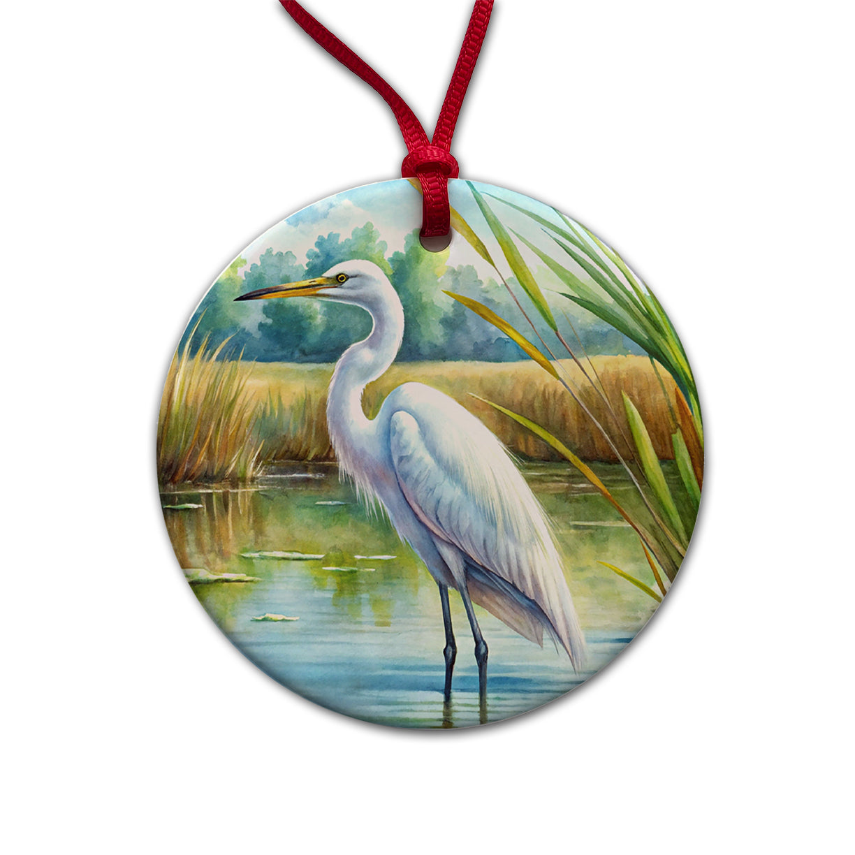 Egret Standing In Marshes Watercolor Round Ceramic Holiday Christmas Tree Ornament