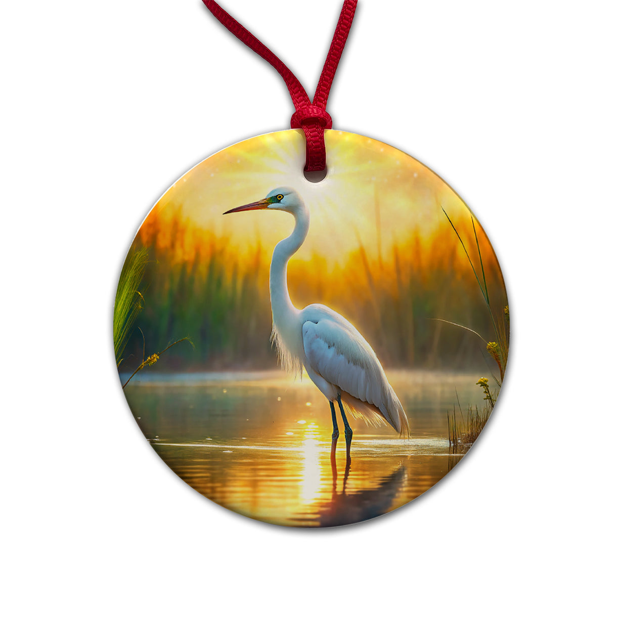 Egret Standing In Pond Backlit By The Sun Watercolor Round Ceramic Holiday Christmas Tree Ornament