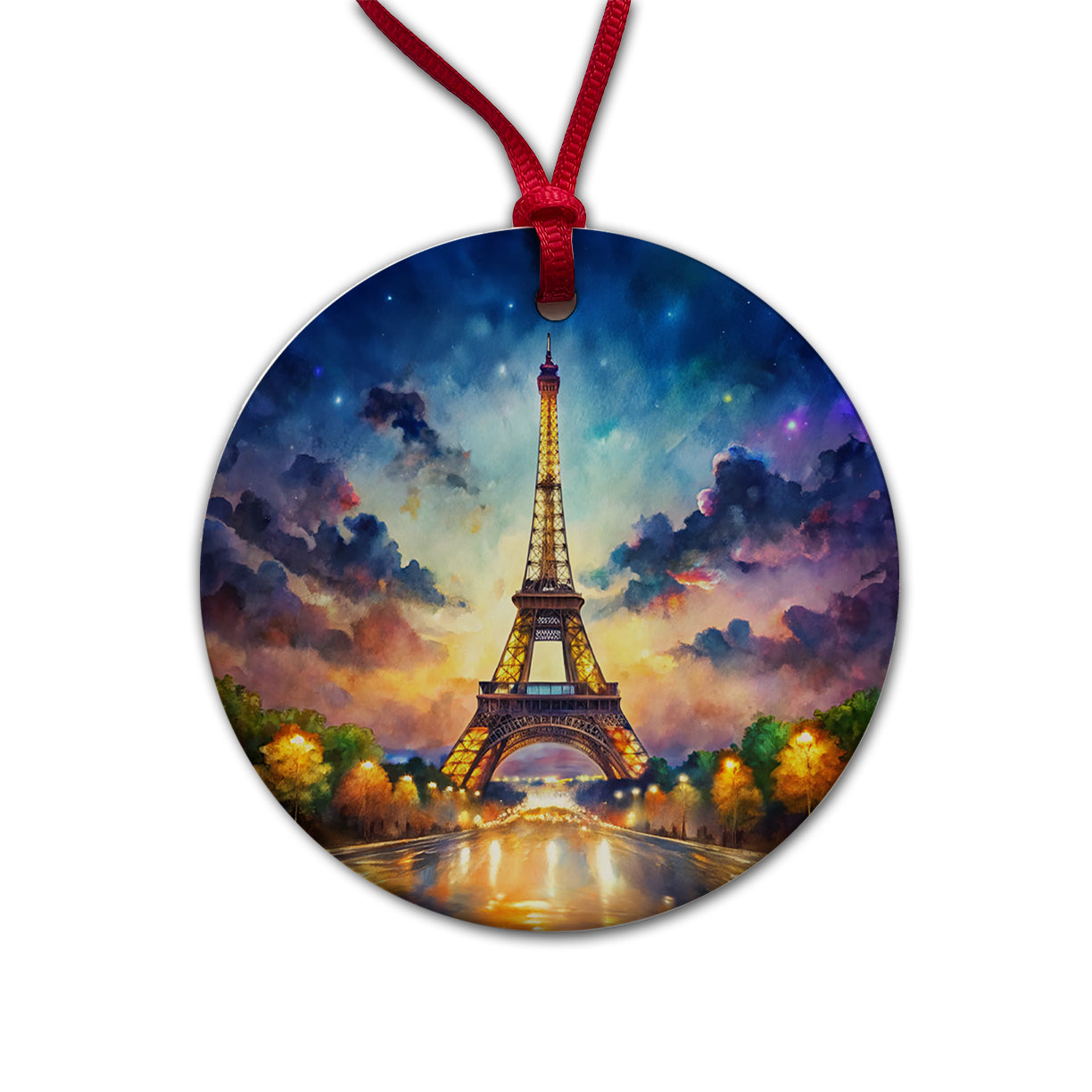 Eiffel Tower At Night Watercolor Round Ceramic Holiday Christmas Tree Ornament