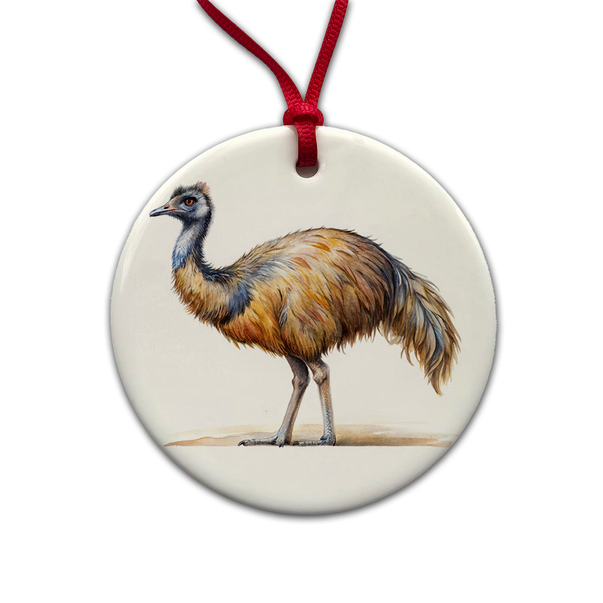 Emu Standing Watercolor Round Ceramic Holiday Christmas Tree Ornament
