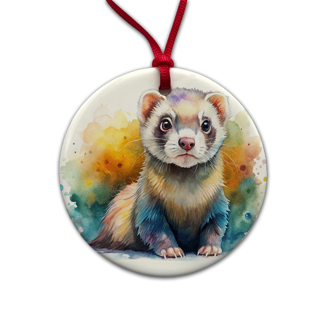 Ferret Colorful Watercolor Round Ceramic Holiday Christmas Tree Ornament