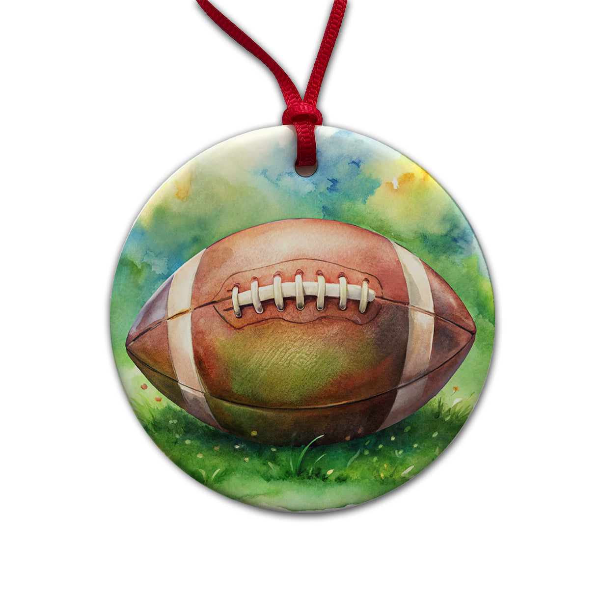 Football Ball On Field Watercolor Round Ceramic Holiday Christmas Tree Ornament