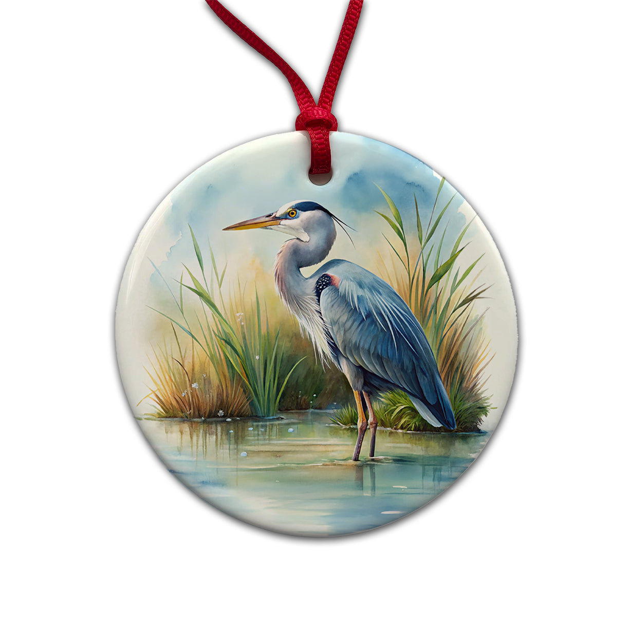 Great Blue Heron Standing In Marsh Pond Watercolor Round Ceramic Holiday Christmas Tree Ornament