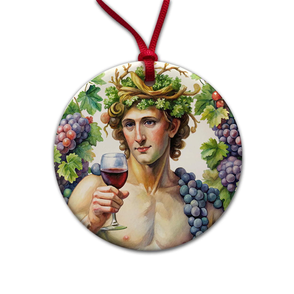 Greek God Bacchus With Wine And Grapes Round Ceramic Holiday Christmas Tree Ornament