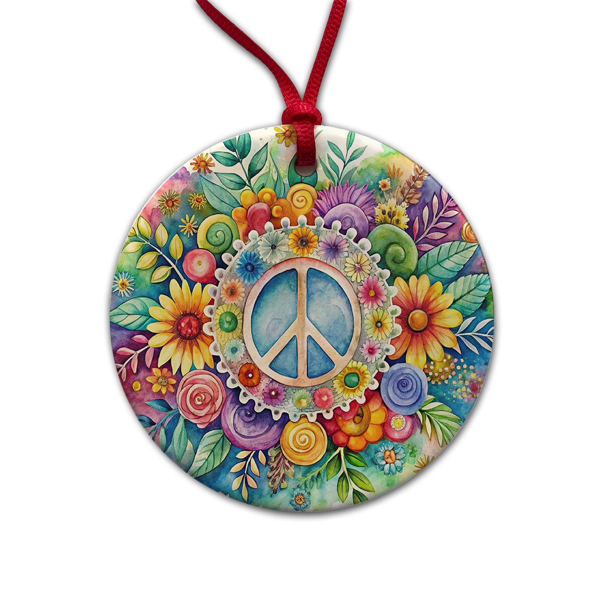 Hippie Peace Symbol Watercolor Round Ceramic Holiday Christmas Tree Ornament
