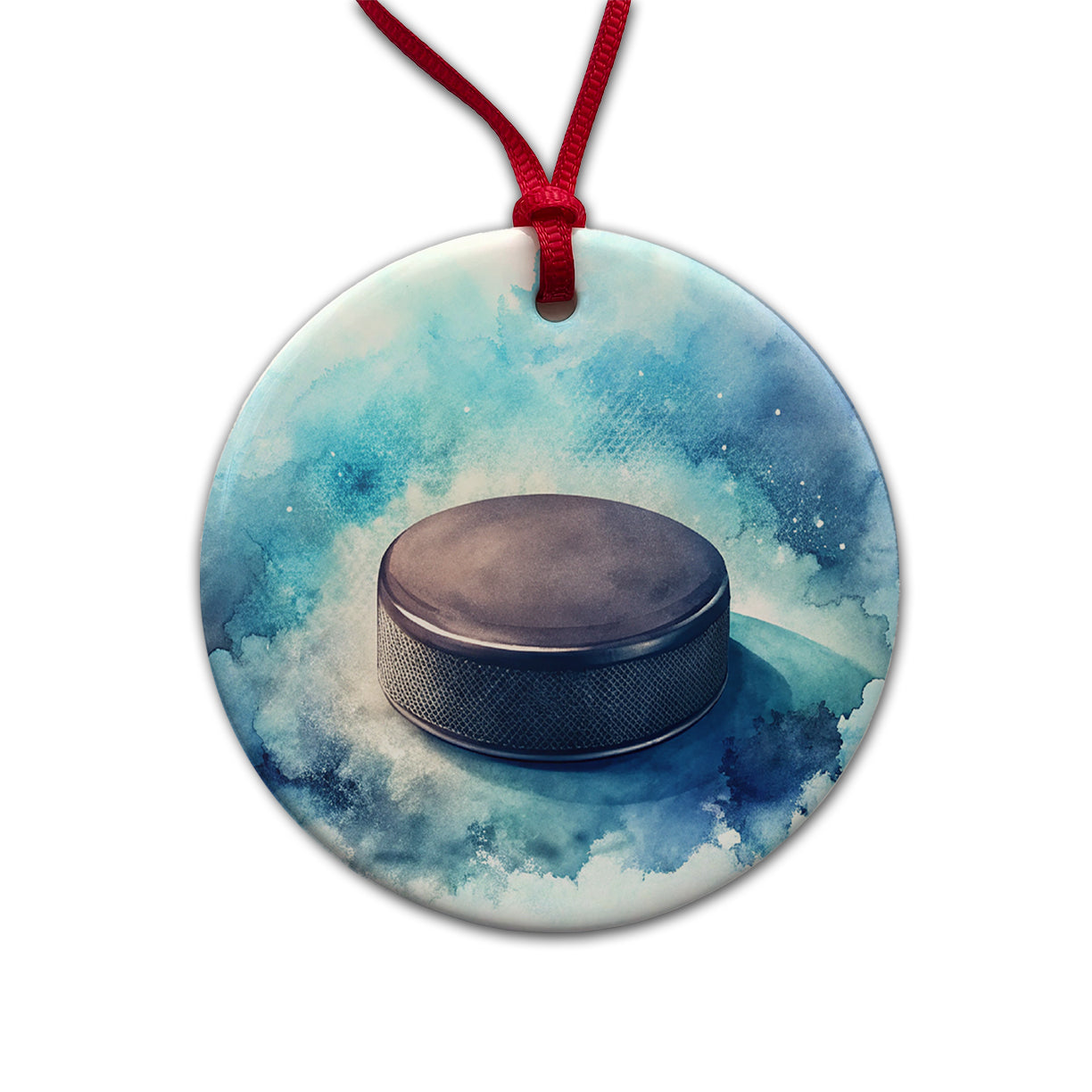 Hockey Puck On Ice Watercolor Round Ceramic Holiday Christmas Tree Ornament