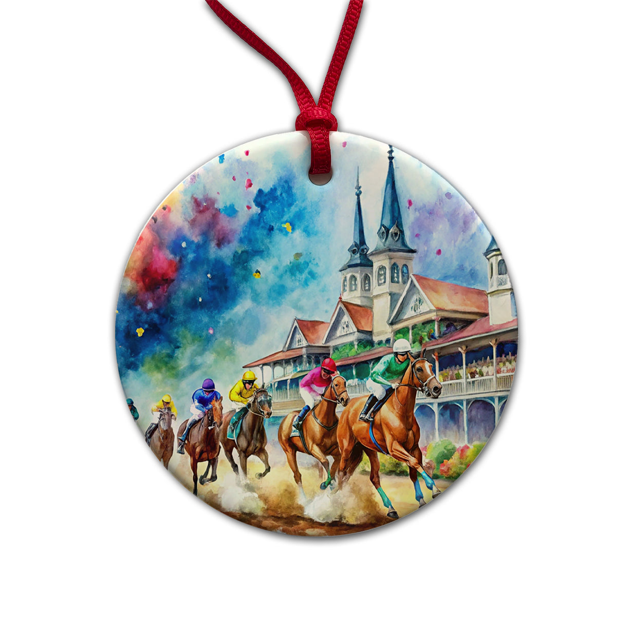 Horse Racing Derby Watercolor Round Ceramic Holiday Christmas Tree Ornament