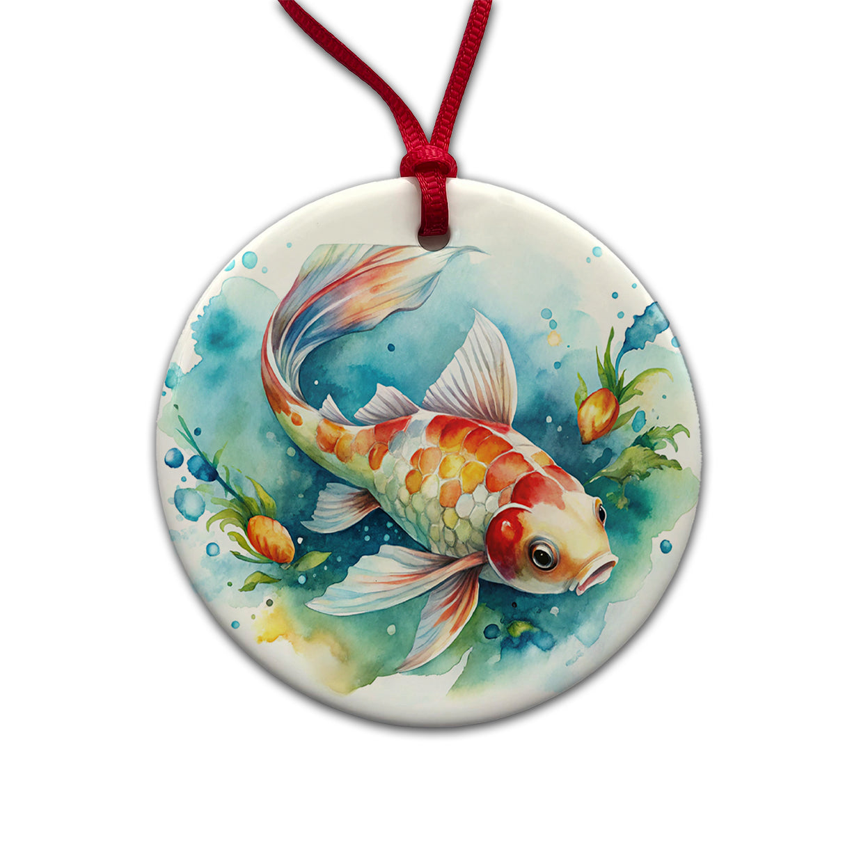 Koi Fish Watercolor Round Ceramic Holiday Christmas Tree Ornament
