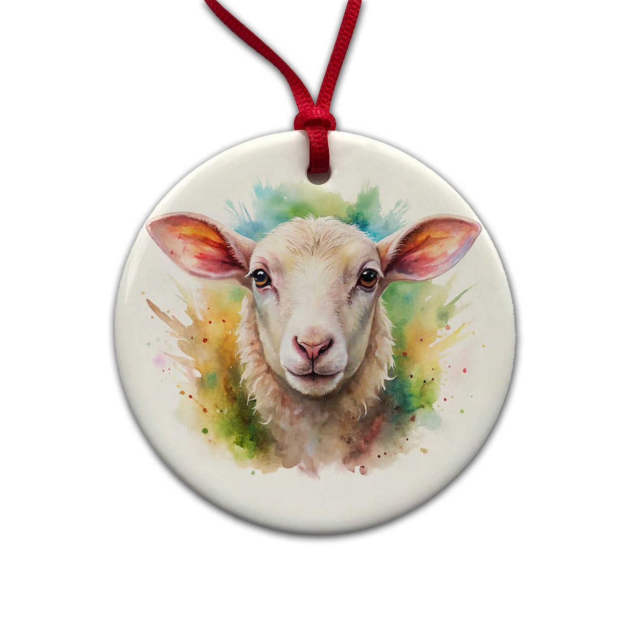 Lamb Face Watercolor Round Ceramic Holiday Christmas Tree Ornament