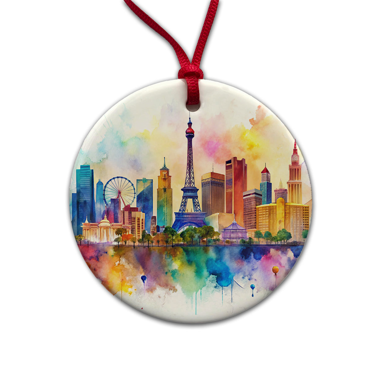 Las Vegas Nevada Watercolor Round Ceramic Holiday Christmas Tree Ornament