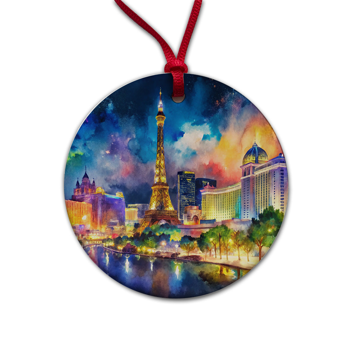 Las Vegas Strip At Night Watercolor Round Ceramic Holiday Christmas Tree Ornament