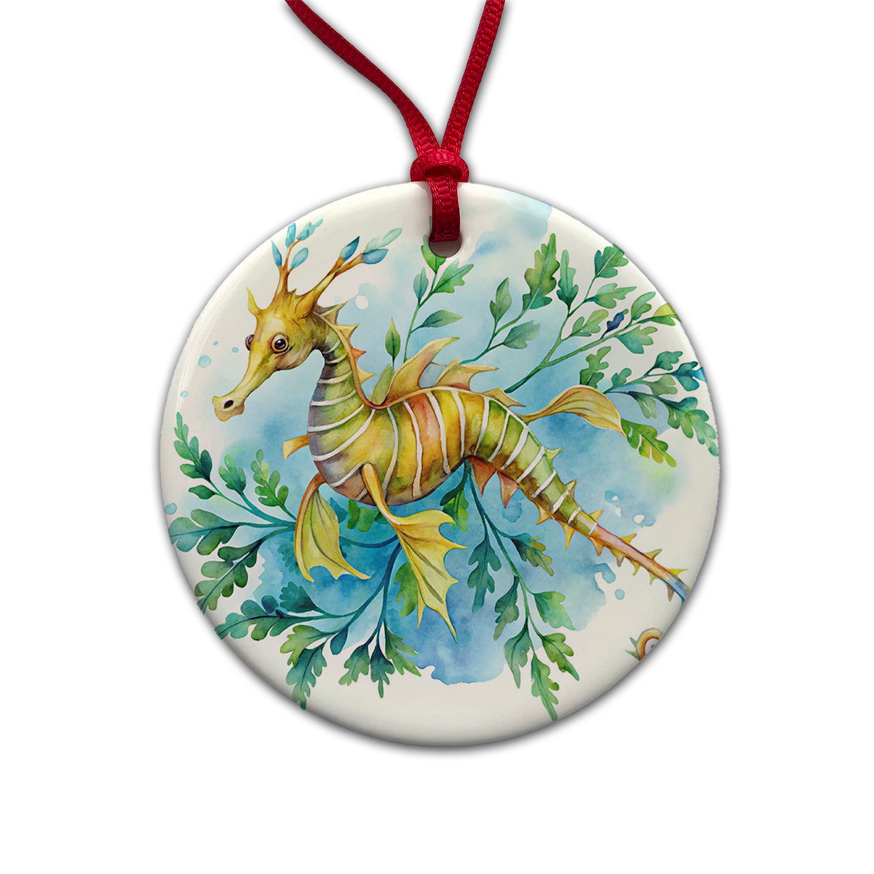 Leafy Seadragon Swimming Watercolor Round Ceramic Holiday Christmas Tree Ornament