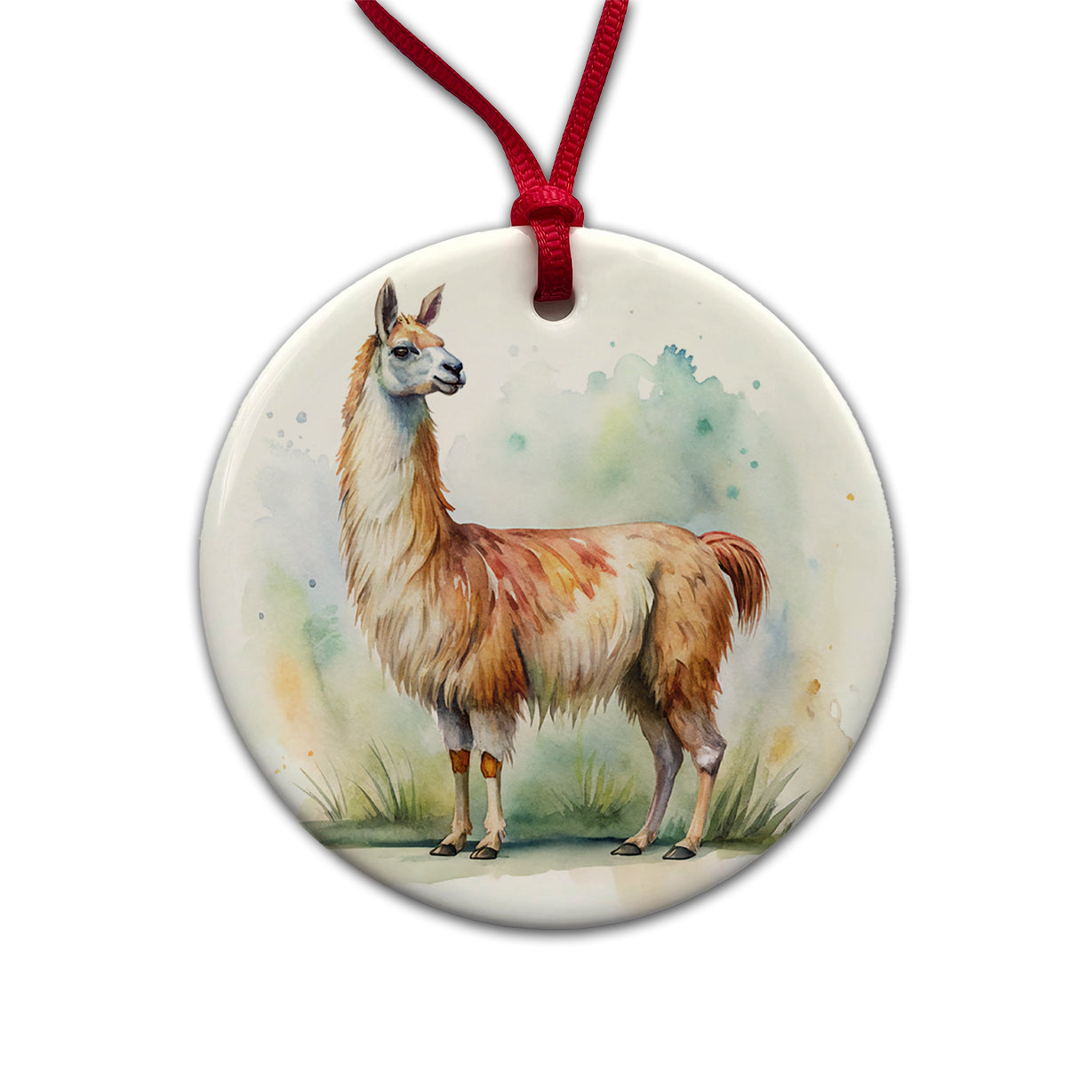 Llama Standing Watercolor Round Ceramic Holiday Christmas Tree Ornament