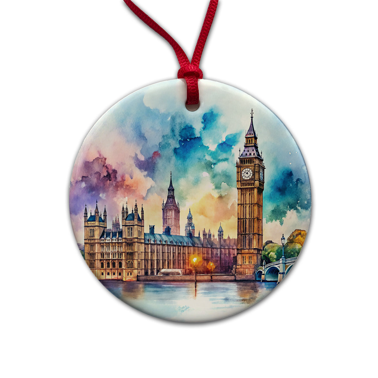 London Big Ben Scene Watercolor Round Ceramic Holiday Christmas Tree Ornament