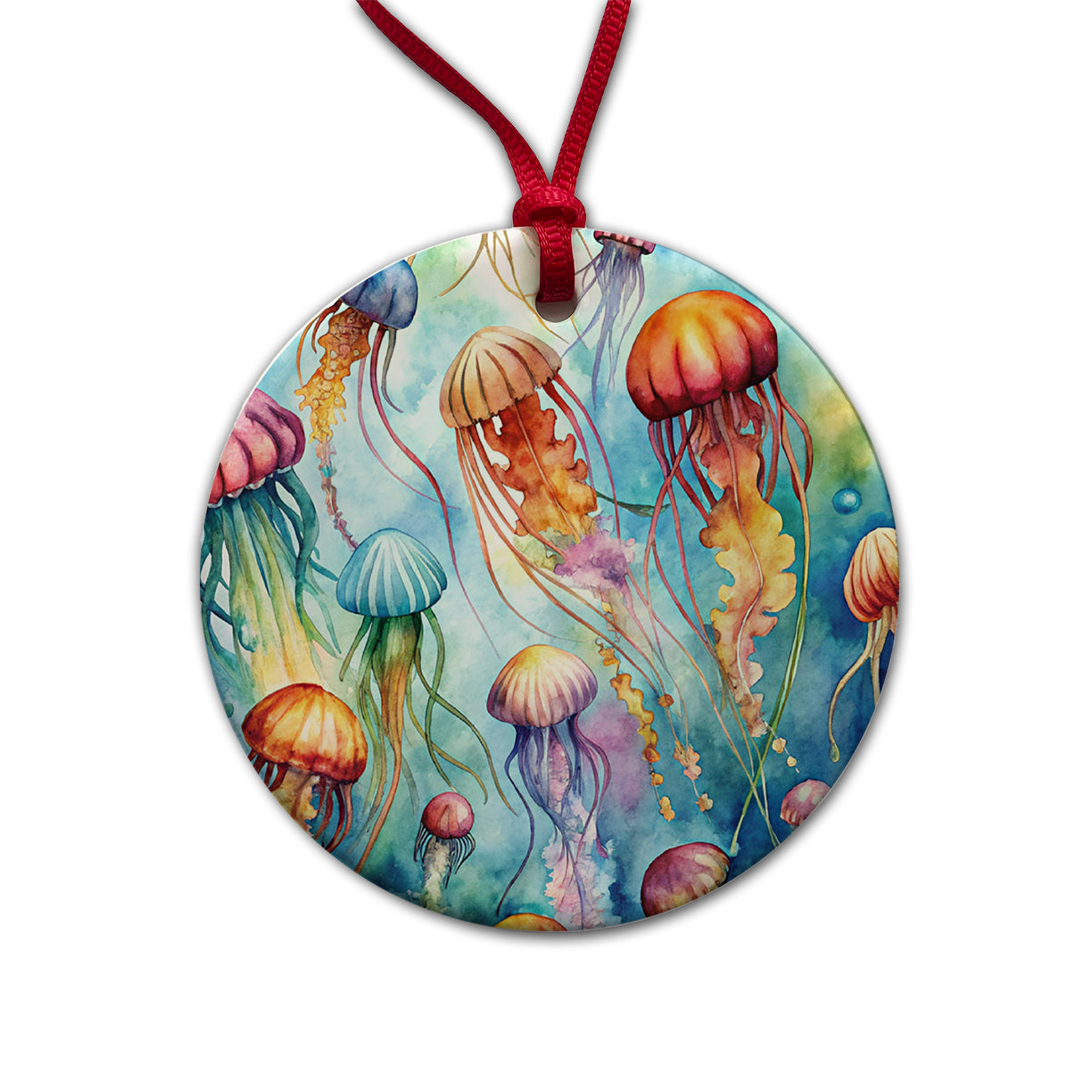 Lots Of Jellyfish Underwater Watercolor Round Ceramic Holiday Christmas Tree Ornament