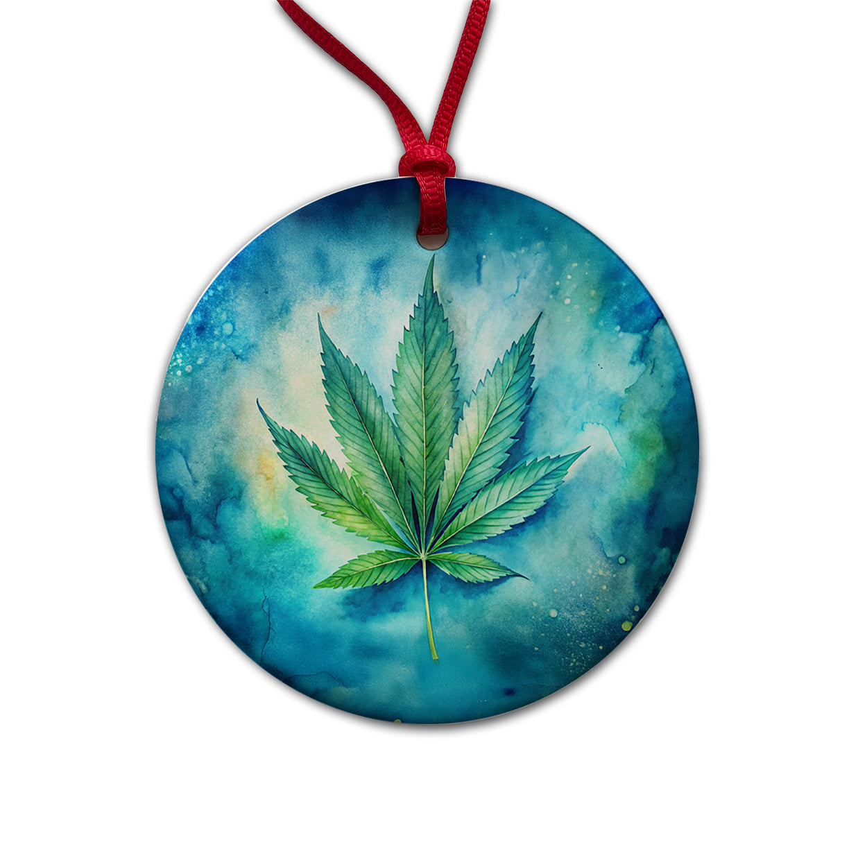 Marijuana Leaf on Blue Background Watercolor Round Ceramic Holiday Christmas Tree Ornament