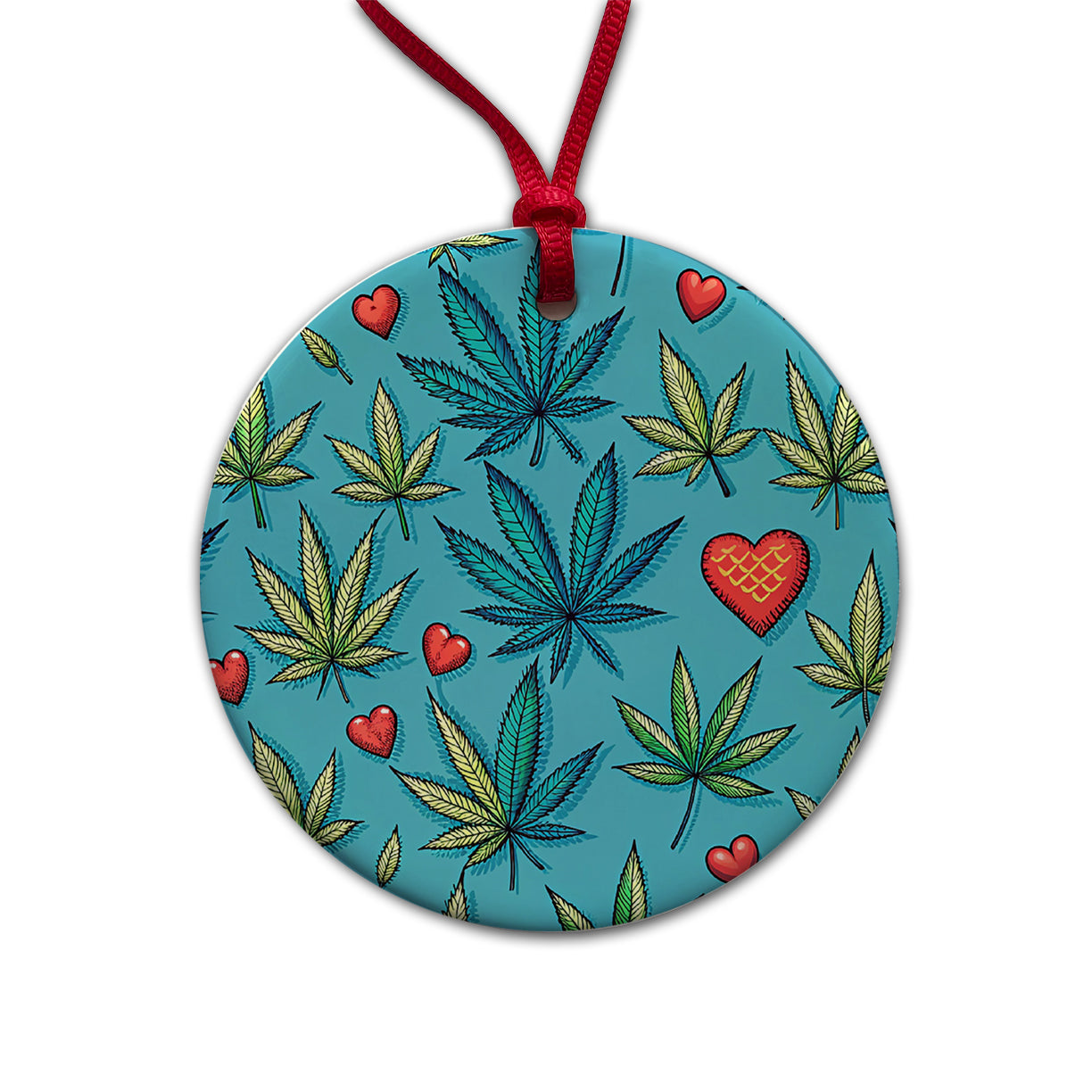Marijuana Leaves And Hearts Blue Background Round Ceramic Holiday Christmas Tree Ornament