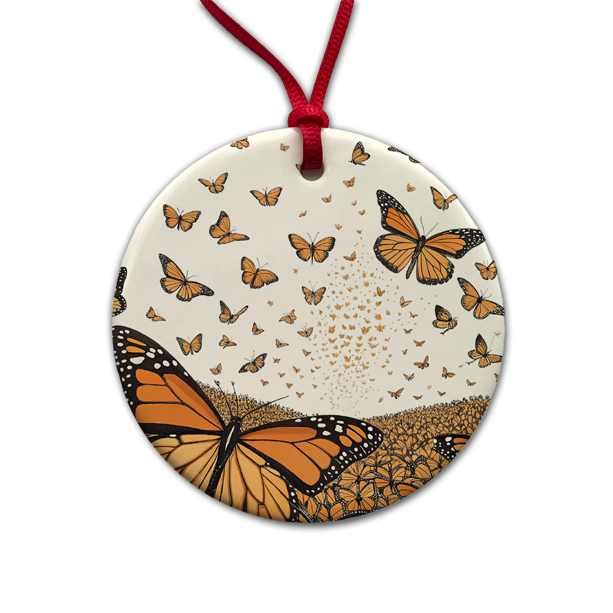 Monarch Butterflies Covering the Countryside Round Ceramic Holiday Christmas Tree Ornament