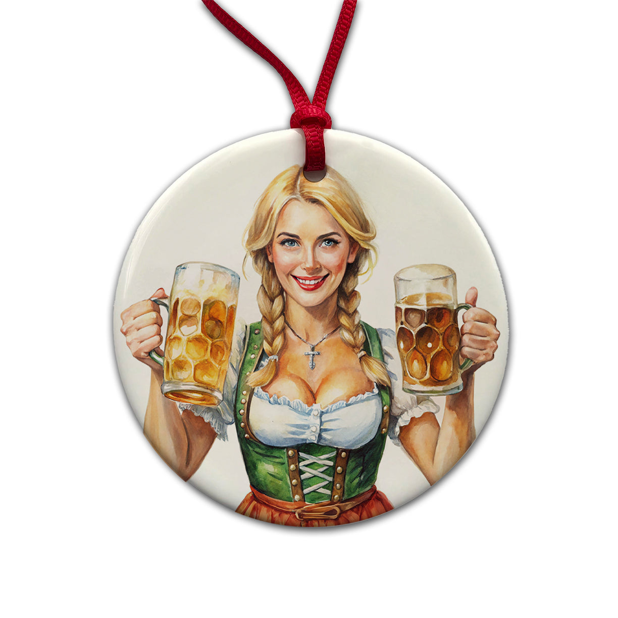 Oktoberfest German Barmaid With A Beer Mugs Round Ceramic Holiday Christmas Tree Ornament