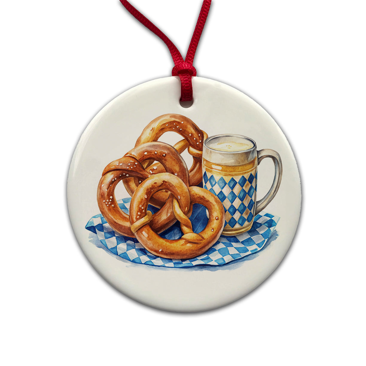 Oktoberfest German Pretzels Watercolor Round Ceramic Holiday Christmas Tree Ornament