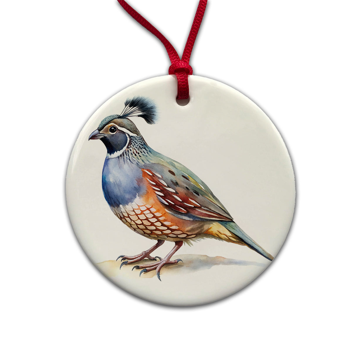 Quail Watercolor Round Ceramic Holiday Christmas Tree Ornament