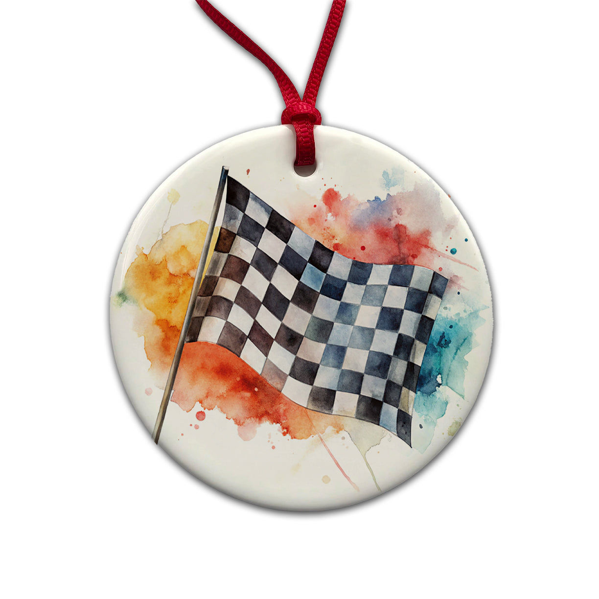 Racing Checkered Flag Watercolor Round Ceramic Holiday Christmas Tree Ornament
