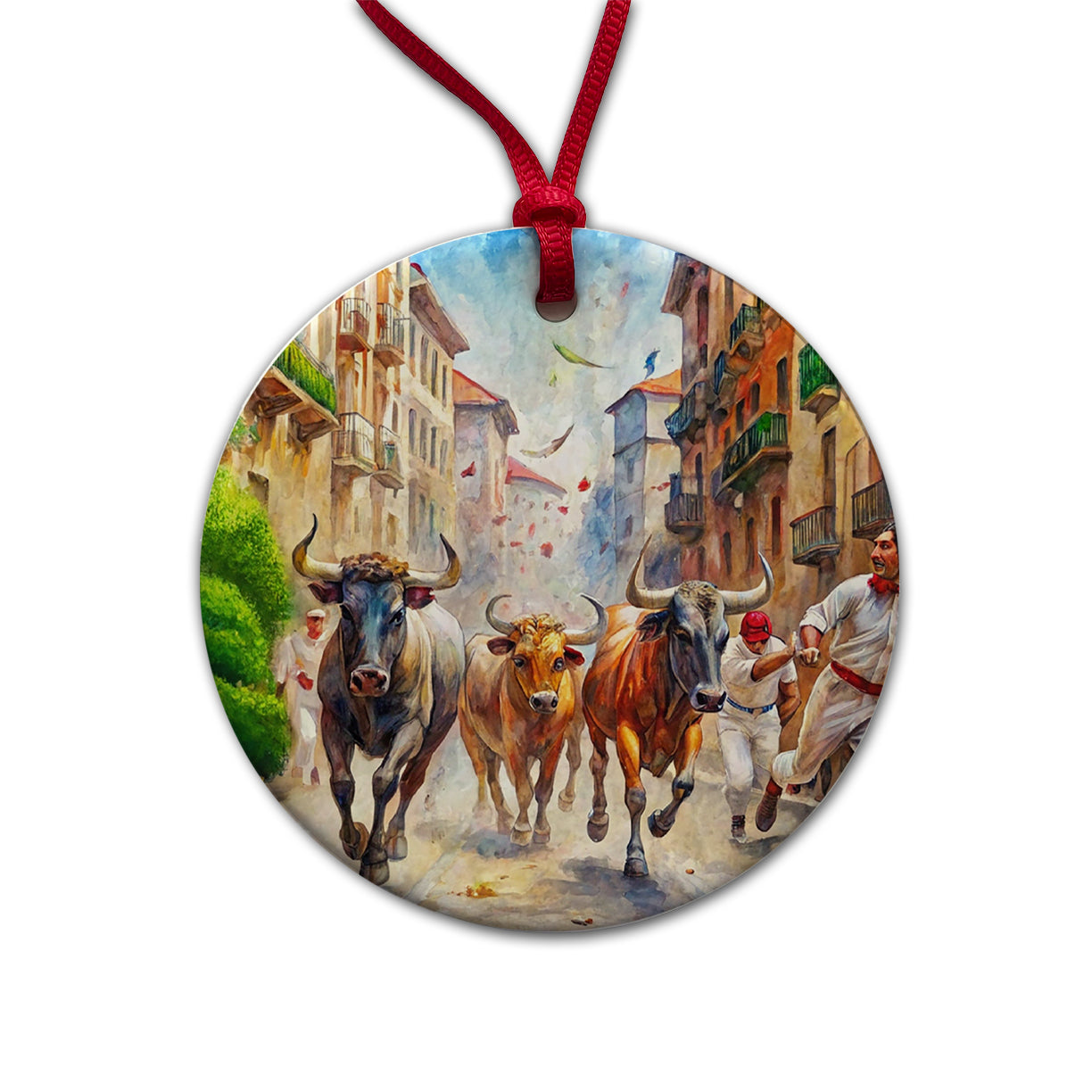 Running of the Bulls in Spain Round Ceramic Holiday Christmas Tree Ornament