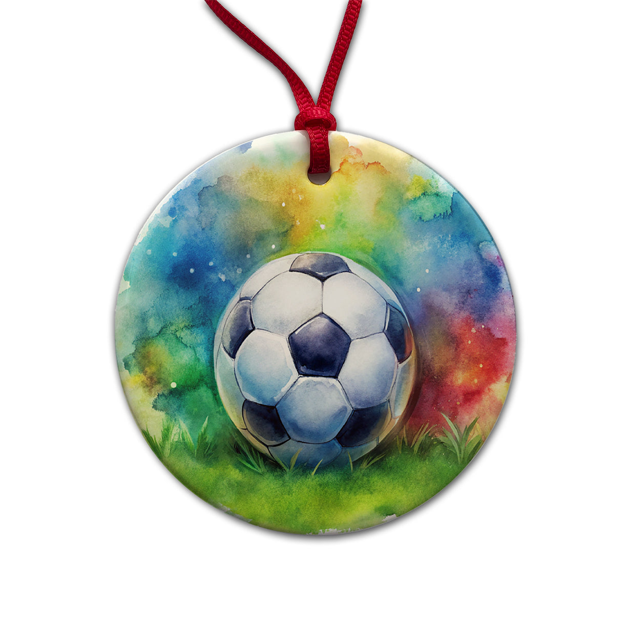 Soccer Ball On Field Watercolor Round Ceramic Holiday Christmas Tree Ornament
