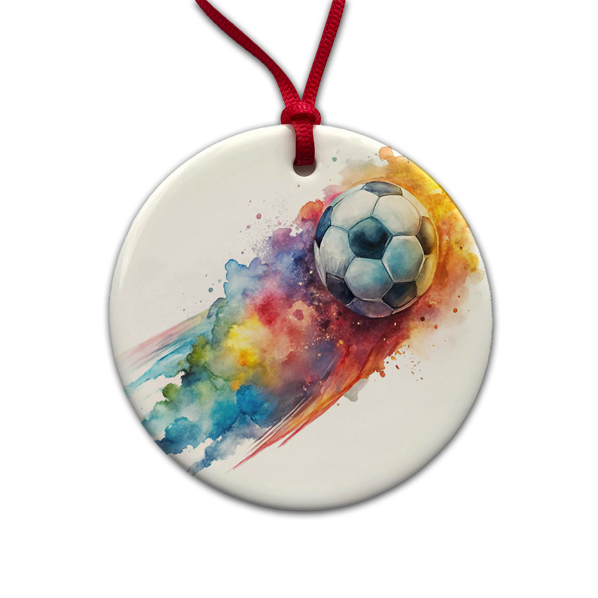 Soccer Ball Rocketing Through The Air Watercolor Round Ceramic Holiday Christmas Tree Ornament
