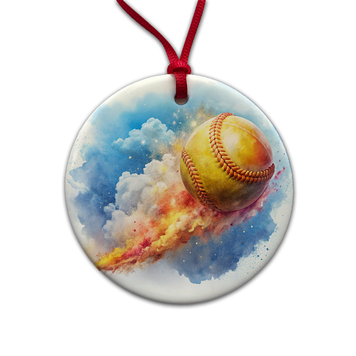 Softball Rocketing Through The Sky Watercolor Round Ceramic Holiday Christmas Tree Ornament