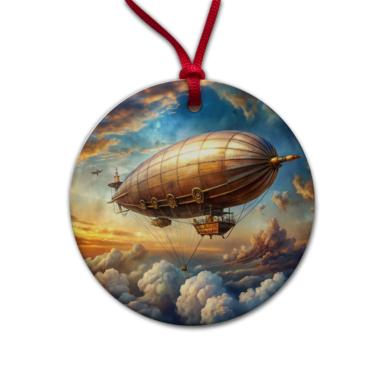 Steampunk Airship Dirigible Flying in Cloudy Sky Fantasy Sci-fi Round Ceramic Holiday Christmas Tree Ornament