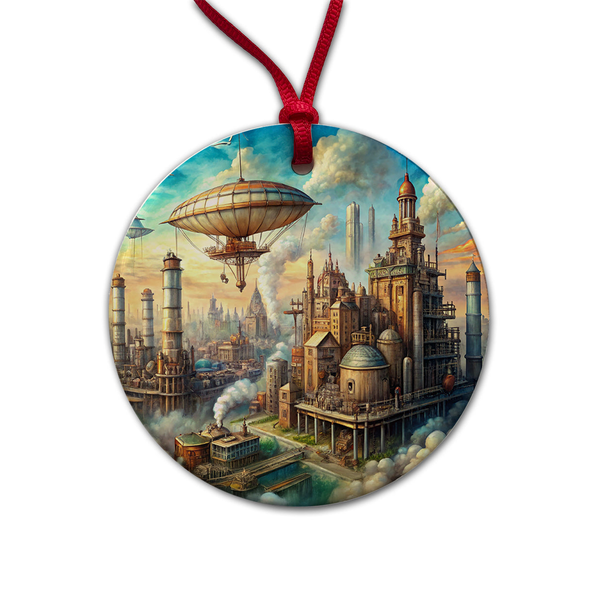 Steampunk City and Airship Fantasy Sci-fi Scene Round Ceramic Holiday Christmas Tree Ornament