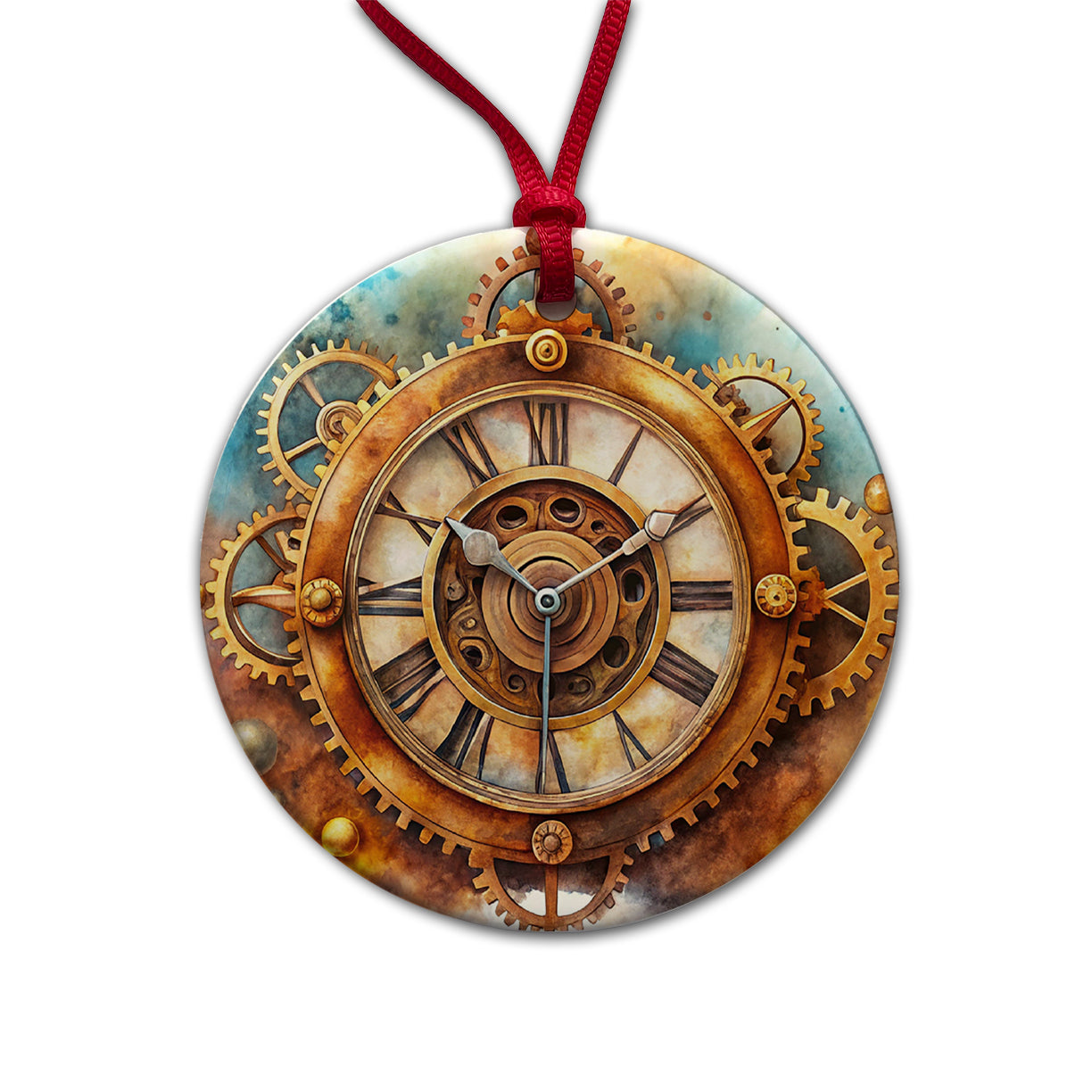 Steampunk Clock Fantasy Sci-fi Watercolor Round Ceramic Holiday Christmas Tree Ornament