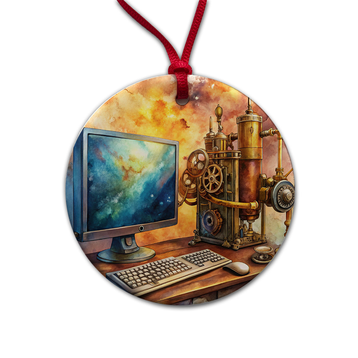 Steampunk Desktop PC Computer Fantasy Sci-fi Watercolor Round Ceramic Holiday Christmas Tree Ornament