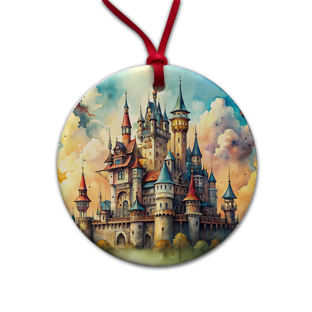 Steampunk Fantasy Castle Watercolor Round Ceramic Holiday Christmas Tree Ornament