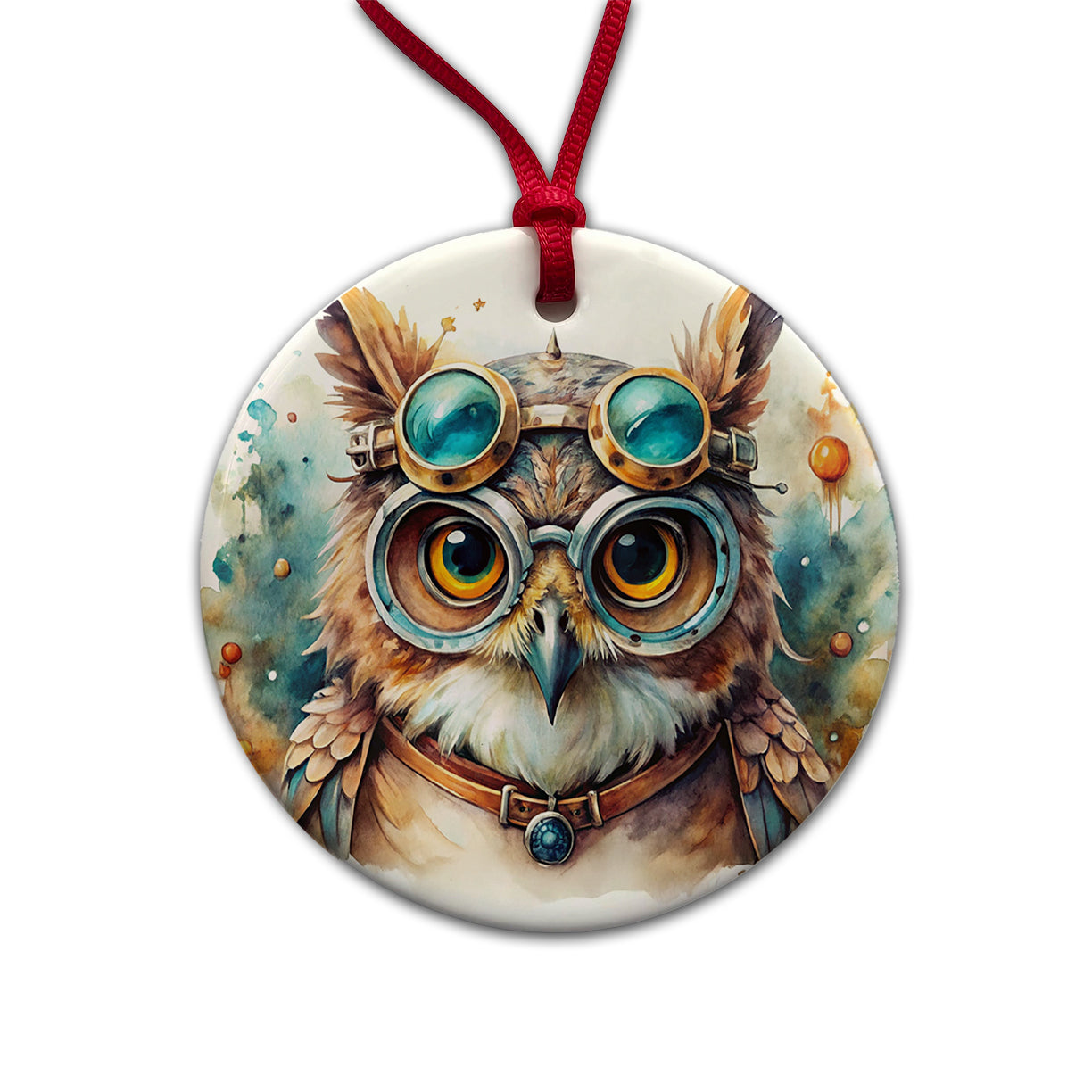 Steampunk Owl With Goggles Fantasy Sci-fi Watercolor Round Ceramic Holiday Christmas Tree Ornament