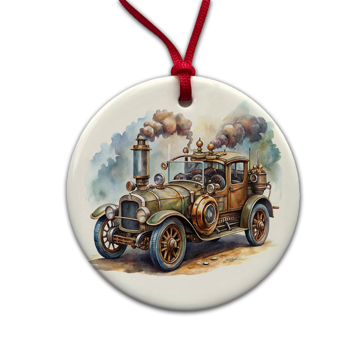 Steampunk Retro Fantasy Sci-fi Car Watercolor Round Ceramic Holiday Christmas Tree Ornament