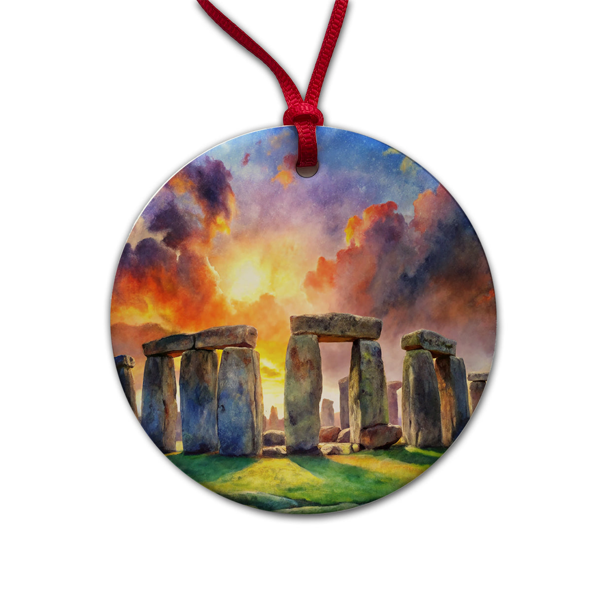 Stonehenge England At Dusk Watercolor Round Ceramic Holiday Christmas Tree Ornament