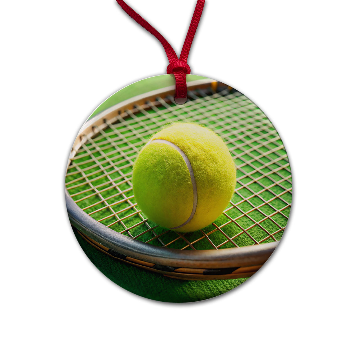 Tennis Racquet and Ball Close-up Round Ceramic Holiday Christmas Tree Ornament