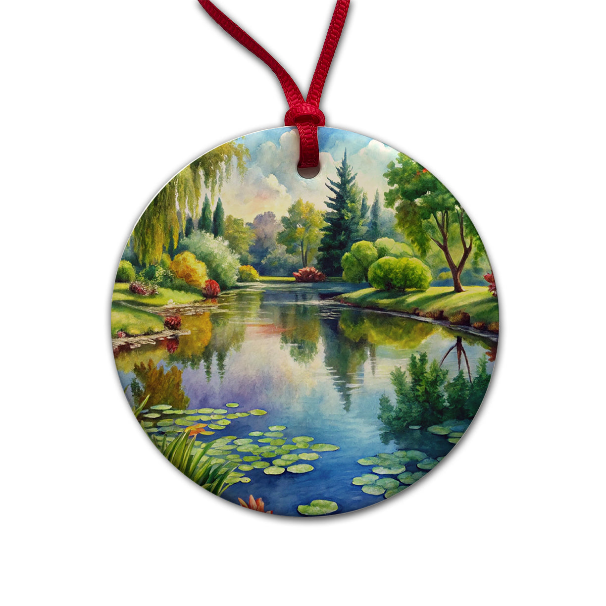 Tranquil Pond Scene Watercolor Round Ceramic Holiday Christmas Tree Ornament