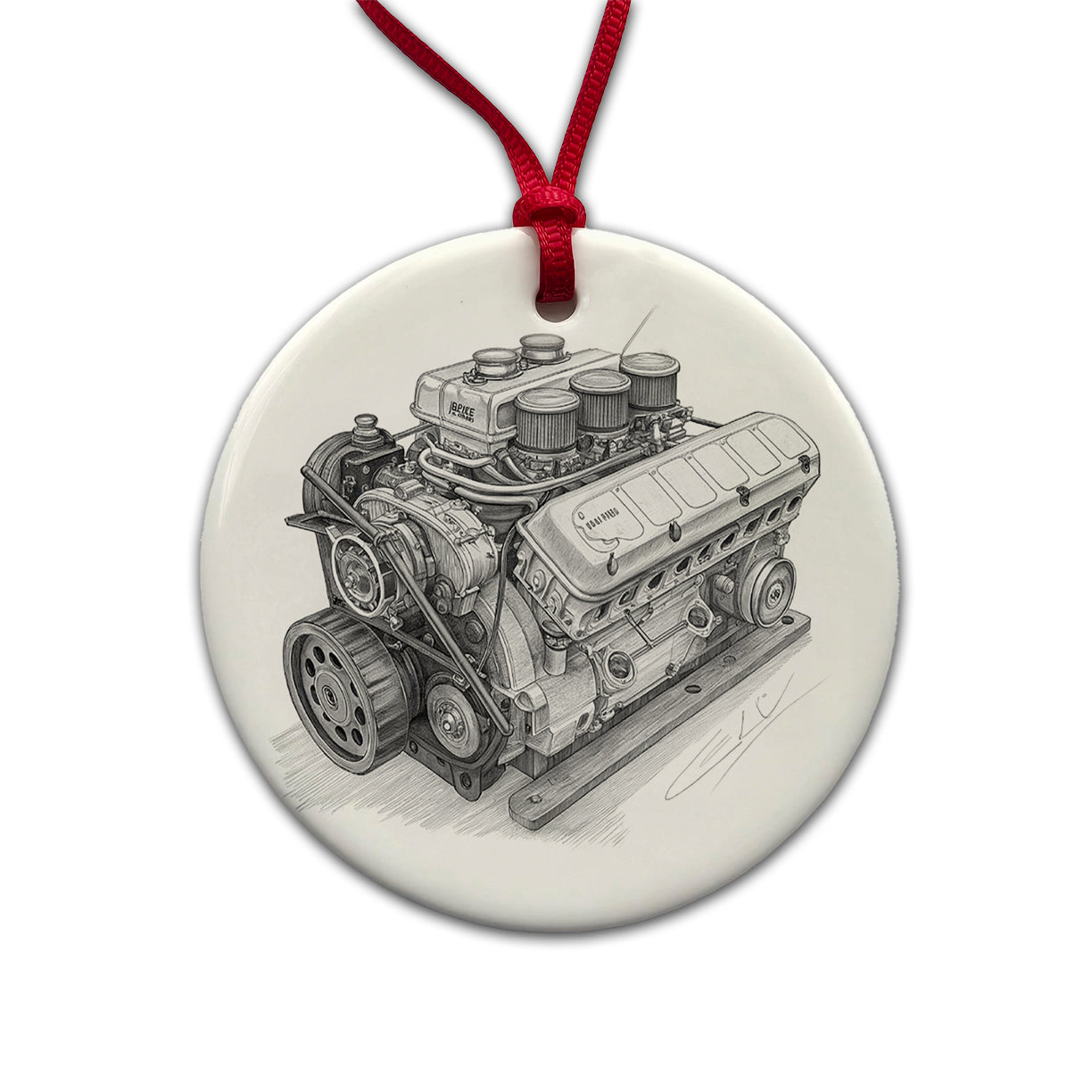 V8 Car Engine Sketch Round Ceramic Holiday Christmas Tree Ornament