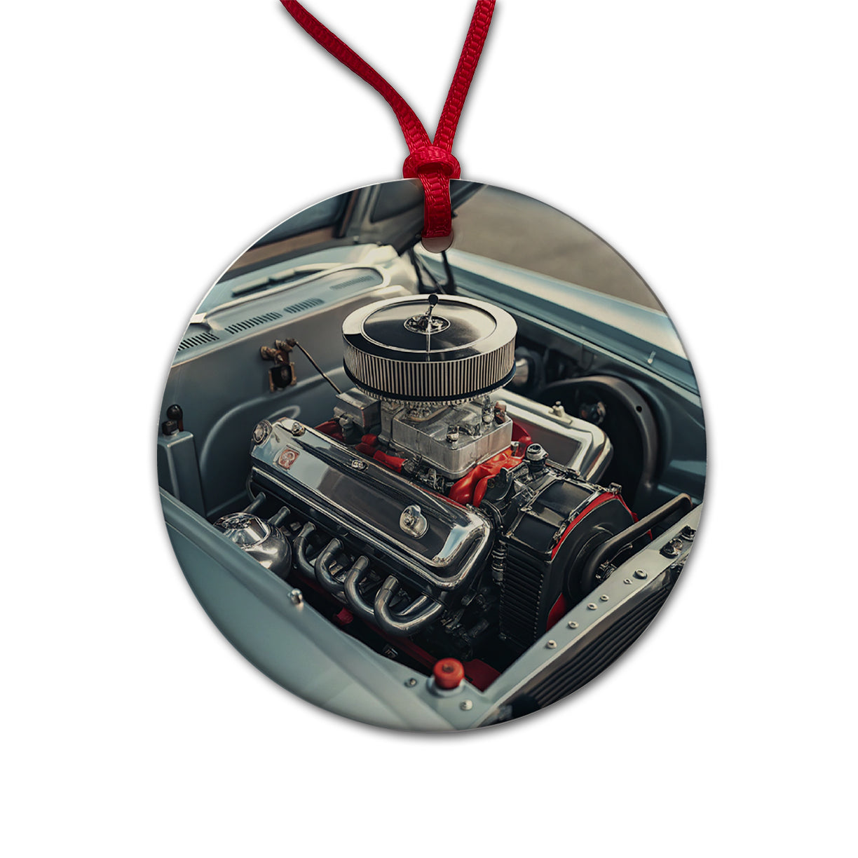 V8 Engine In Classic Muscle Car Round Ceramic Holiday Christmas Tree Ornament