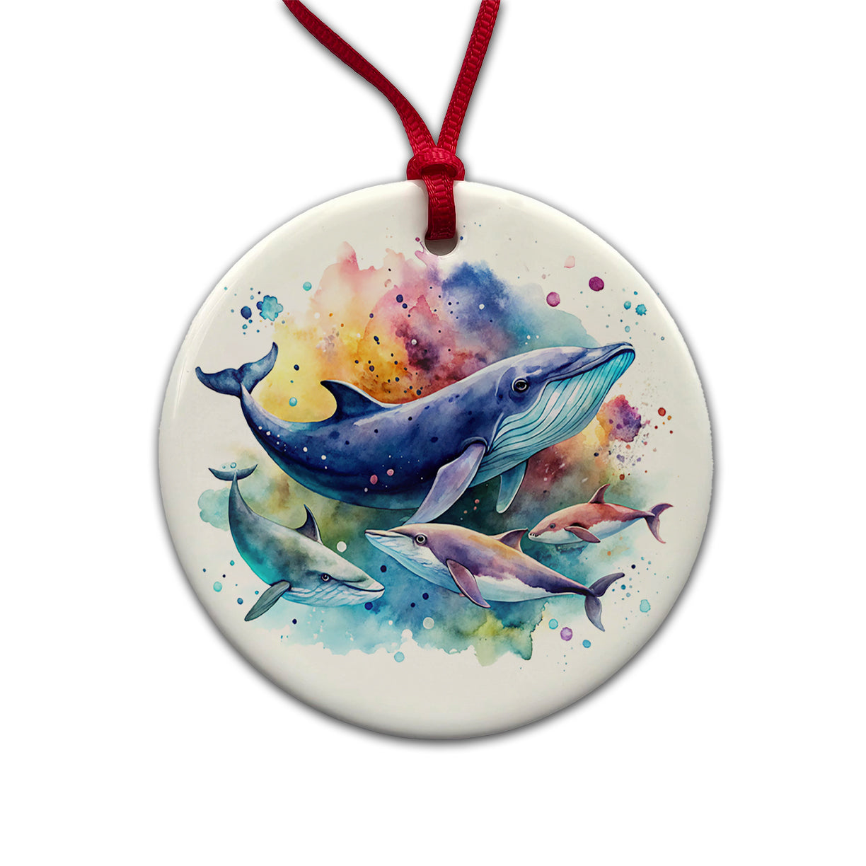 Whales Family Colorful Watercolor Round Ceramic Holiday Christmas Tree Ornament