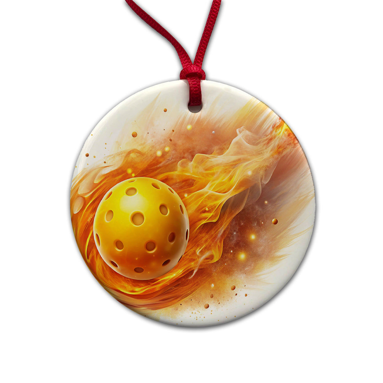 Yellow Pickleball Ball Rocketing Through The Air Round Ceramic Holiday Christmas Tree Ornament
