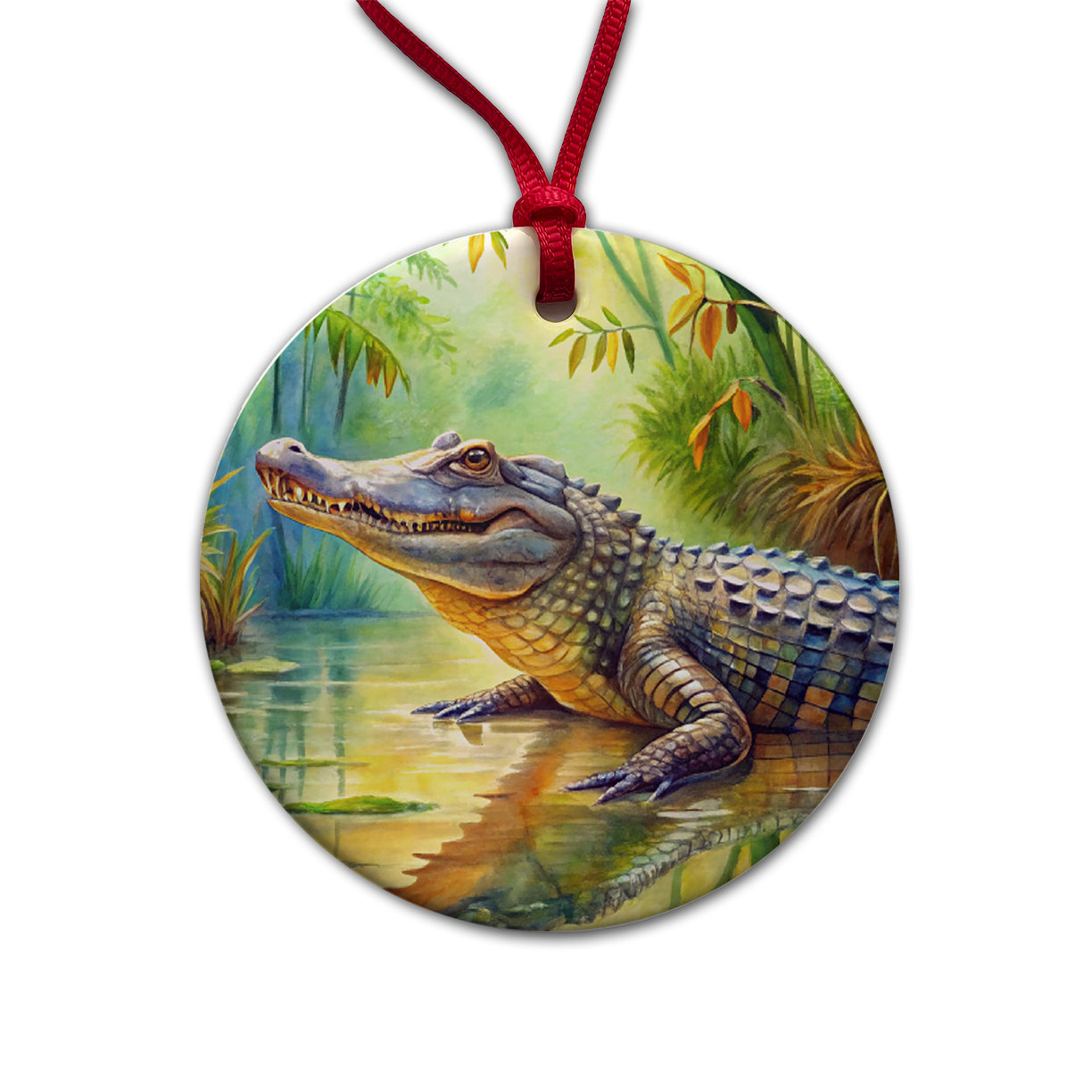 Alligator Crocodile In Swamp Round Ceramic Holiday Christmas Tree Ornament
