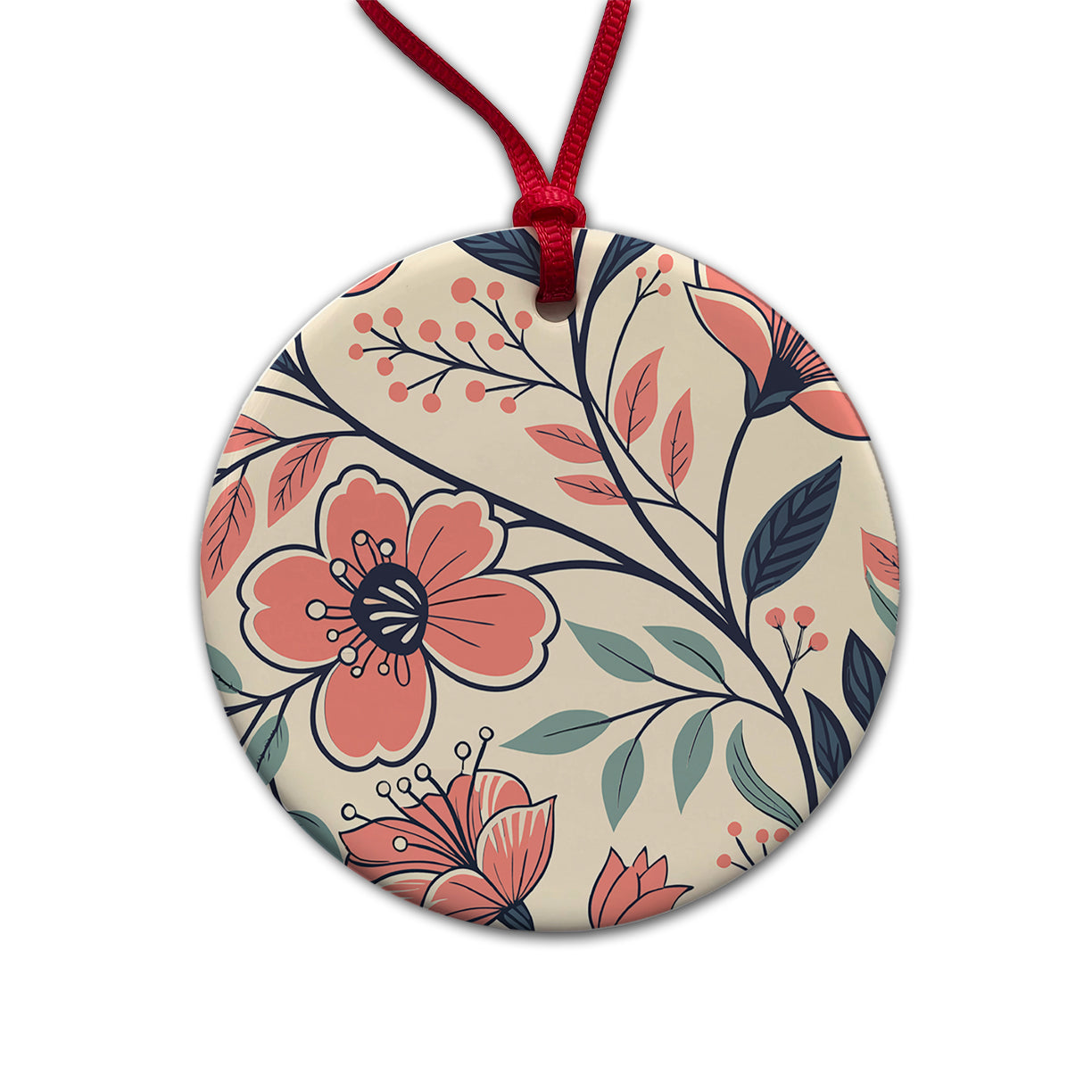 Beautiful Vine Flowers Round Ceramic Holiday Christmas Tree Ornament