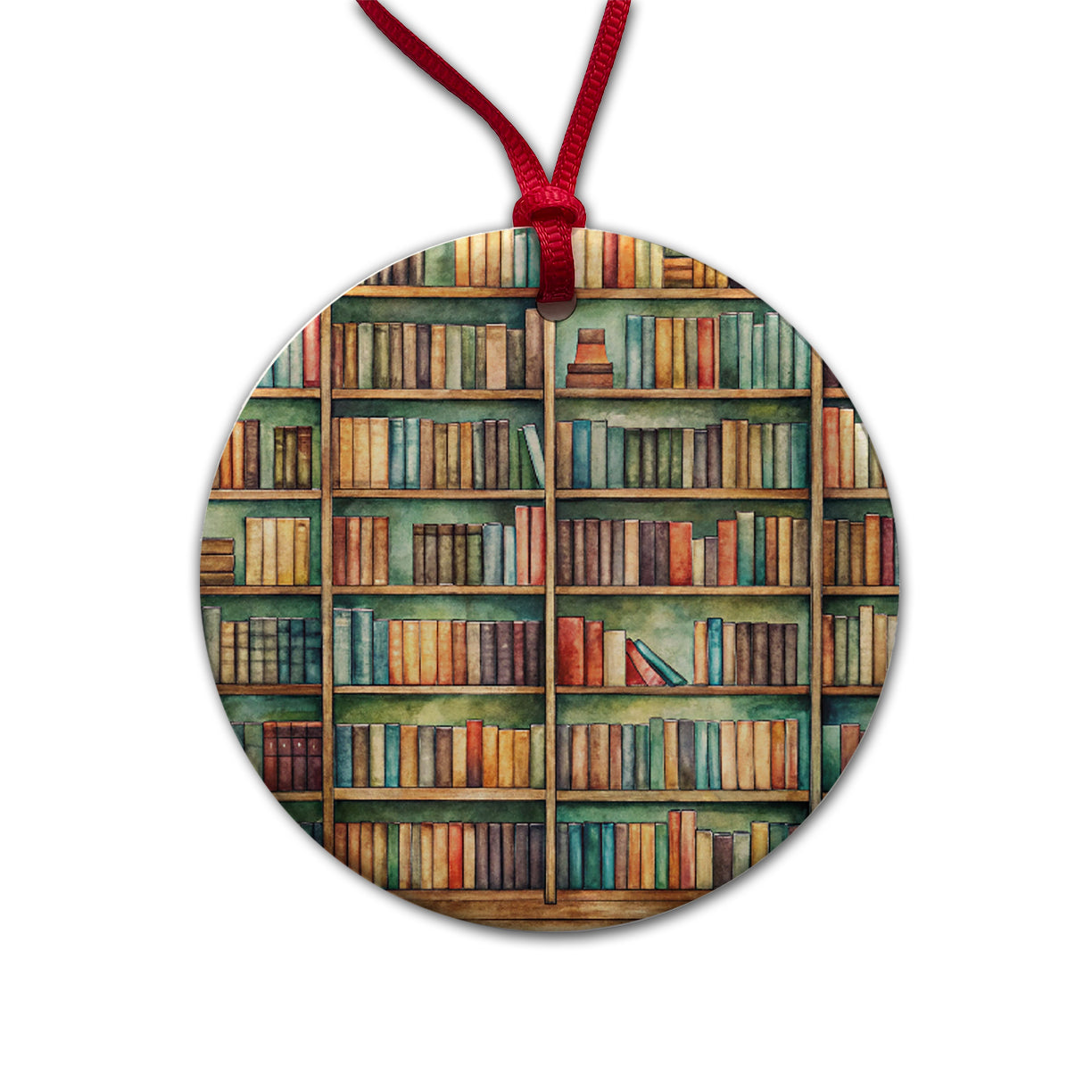 Bookshelves Library Reading Reader Books Round Ceramic Holiday Christmas Tree Ornament