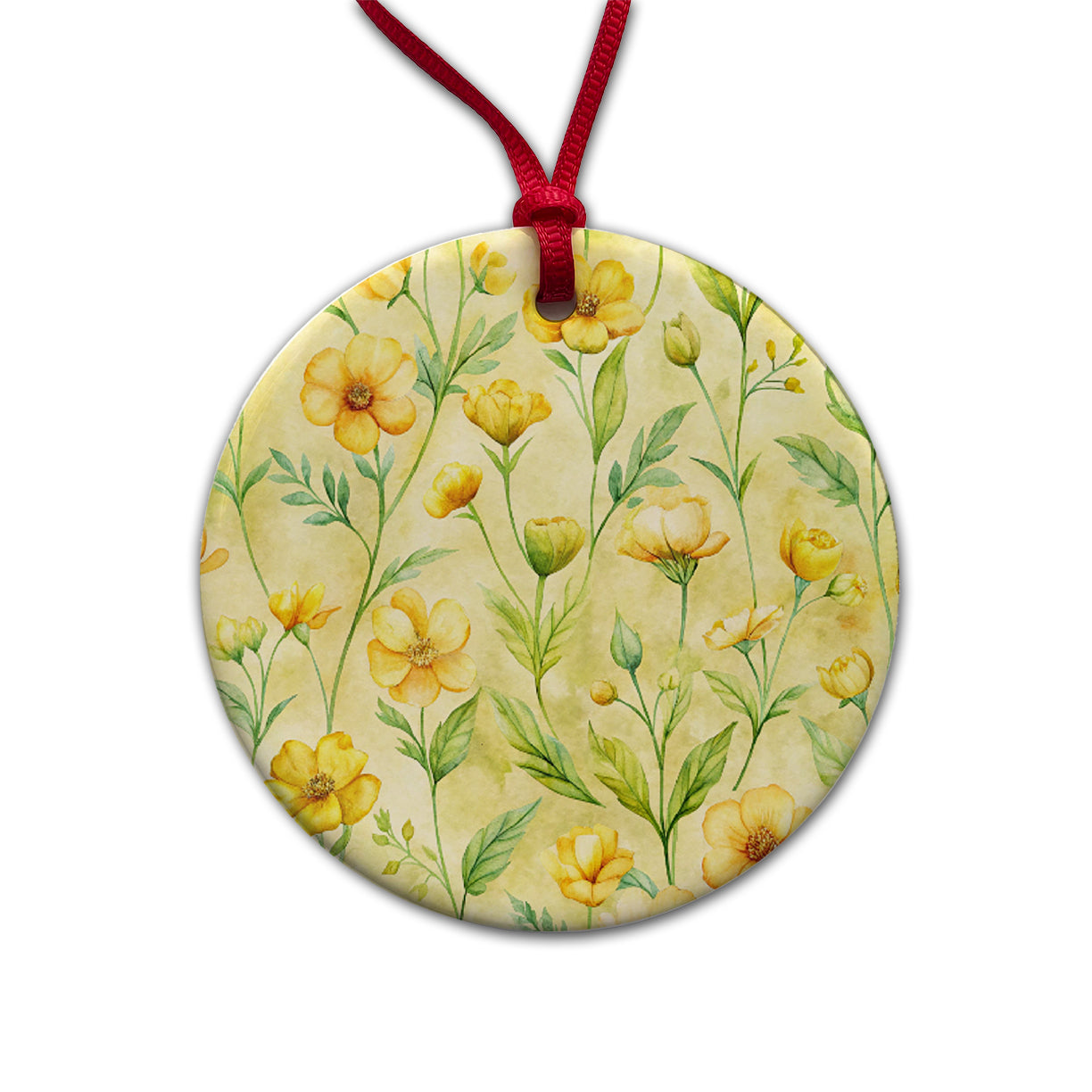 Buttercups Yellow Flowers Floral Round Ceramic Holiday Christmas Tree Ornament