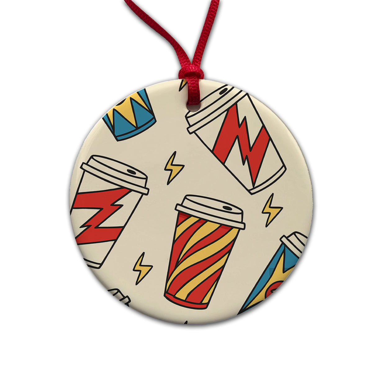 Coffee Cups Dynamic Round Ceramic Holiday Christmas Tree Ornament