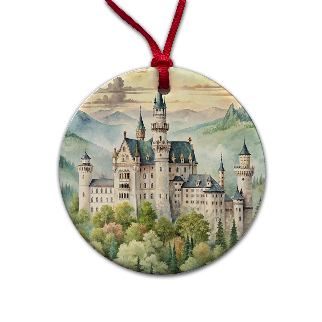 German Castle Watercolor Beautiful Neuschwanstein Round Ceramic Holiday Christmas Tree Ornament